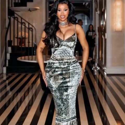 CardiB wearing a tight dress in a luxurious house