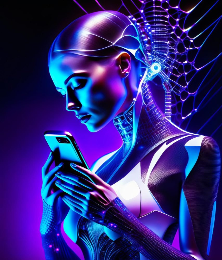 AI robot woman holding phone